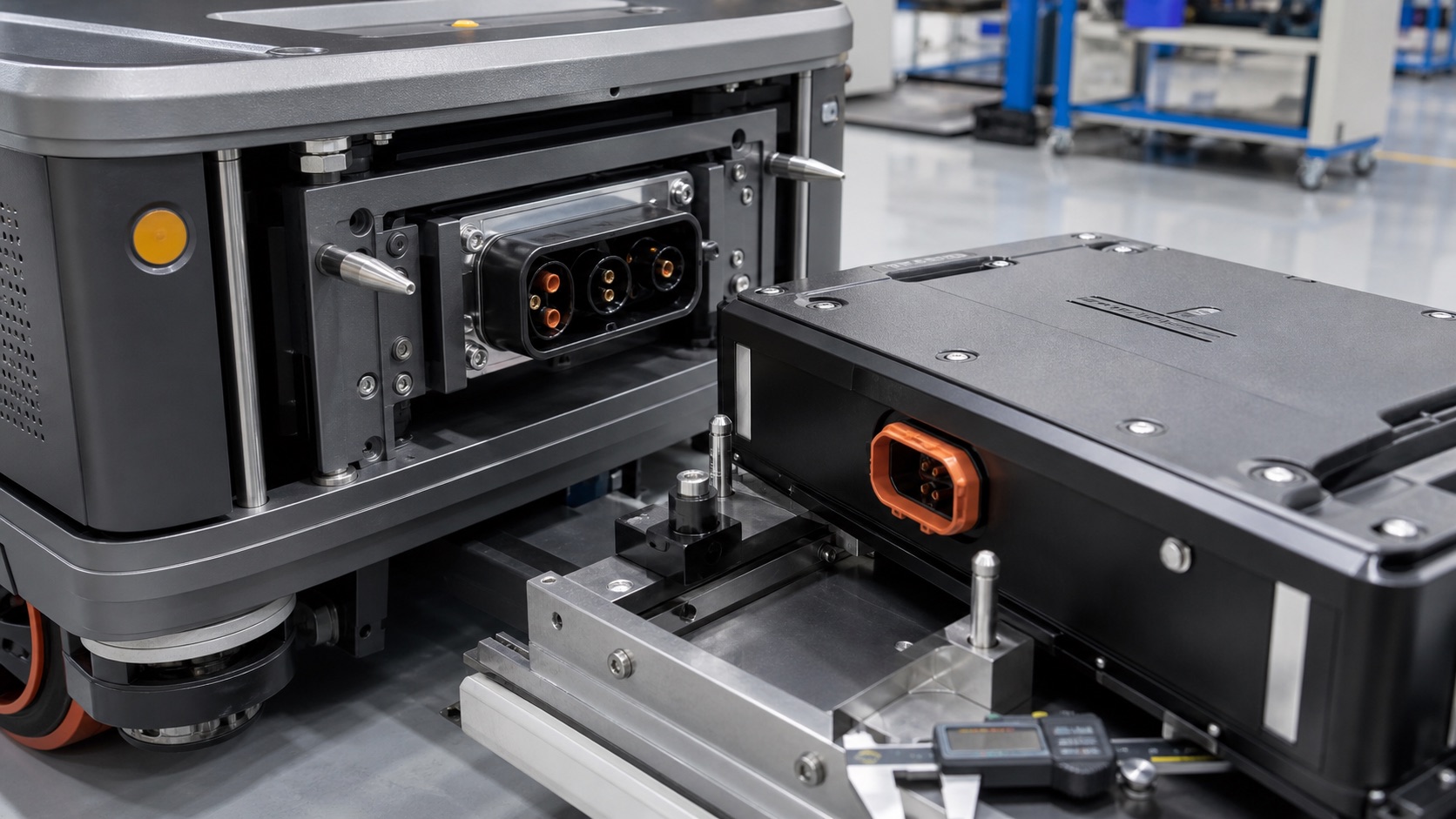 AGV lithium battery pack approaching a blind-mate power connector with tapered guide pins, floating mount, alignment fixture, and digital caliper