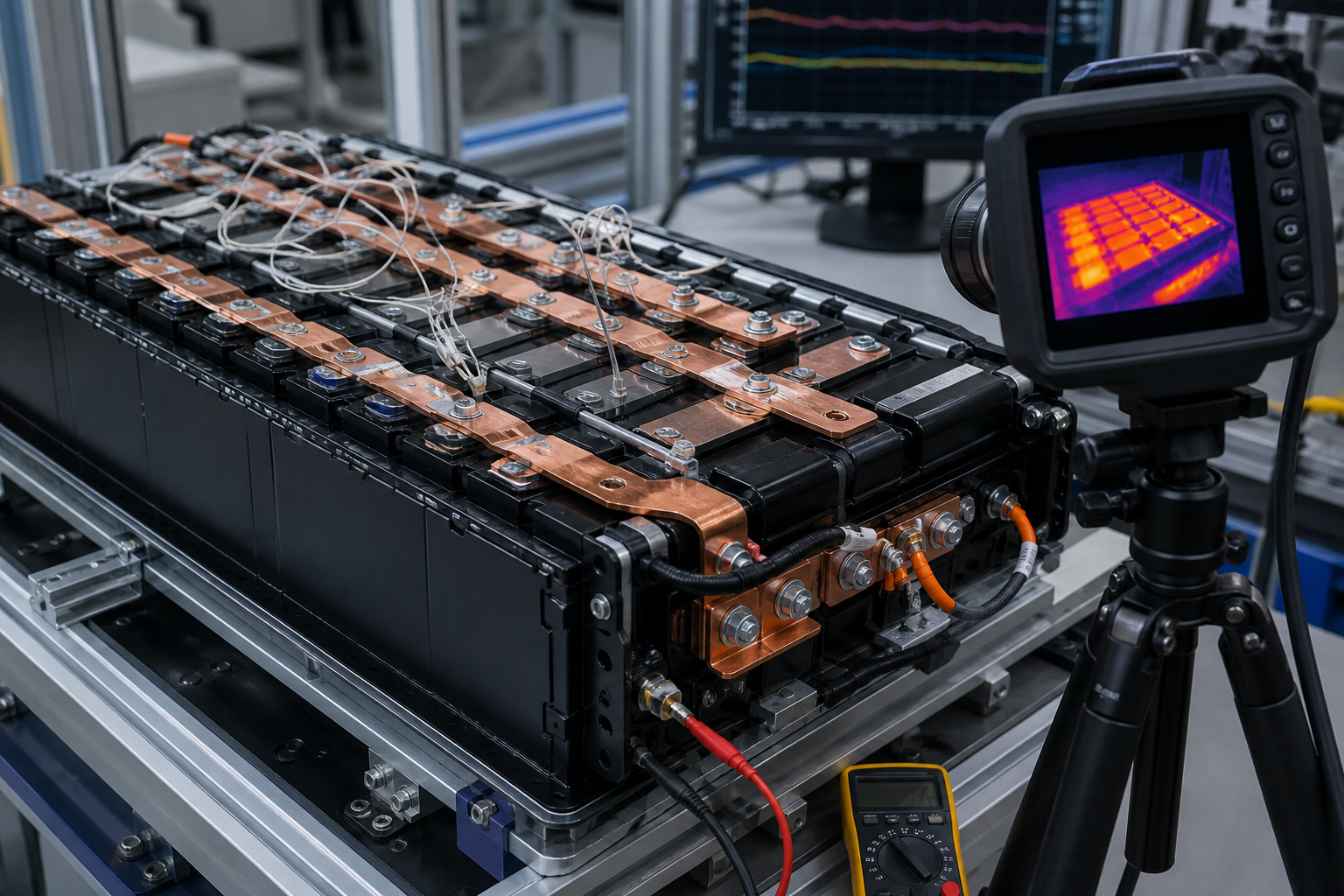 Industrial LiFePO4 battery pack copper busbars under thermocouple and thermal camera validation