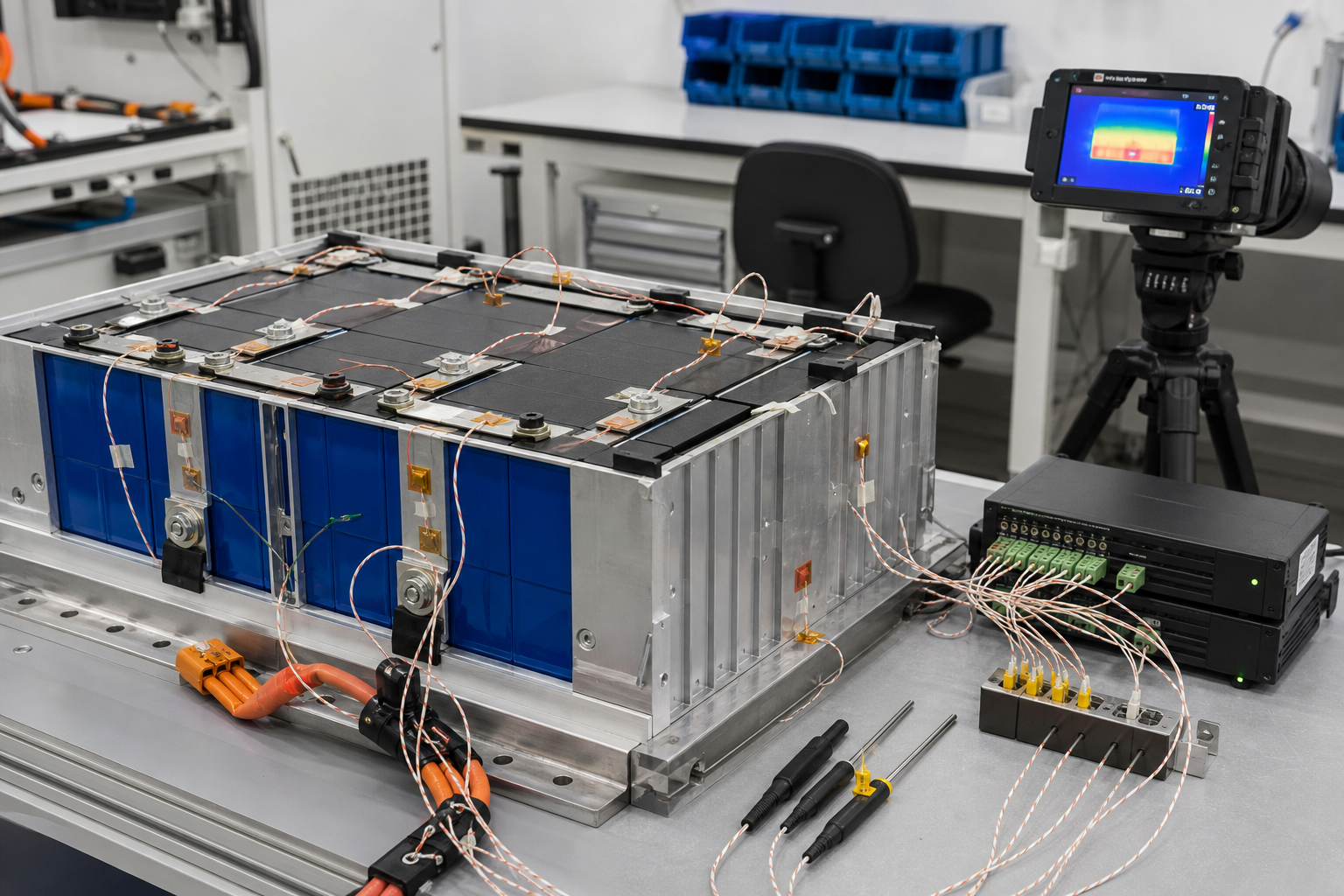 Industrial LiFePO4 battery module instrumented with BMS thermistors, reference thermocouples, data logger, and infrared camera for temperature-coverage validation